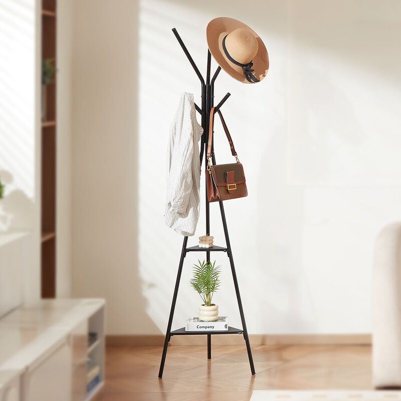 Freestanding Coat Rack with 2 Shelves and 6 Hooks, Entryway Coat Stand image number 1