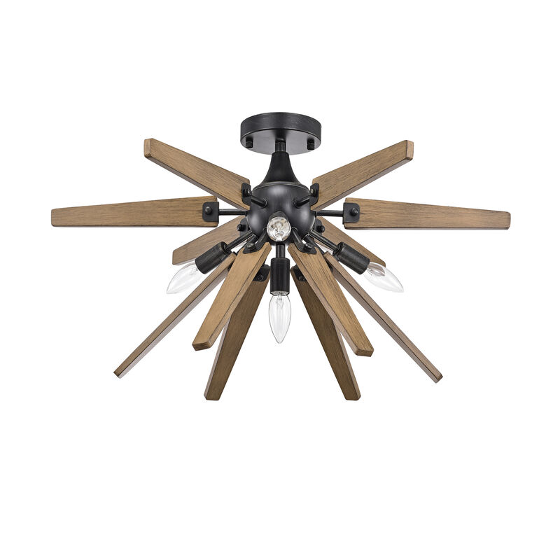 Nerea 4-Light Antique Black Finish Sputnik Natural Wood Flush Mount image number 4