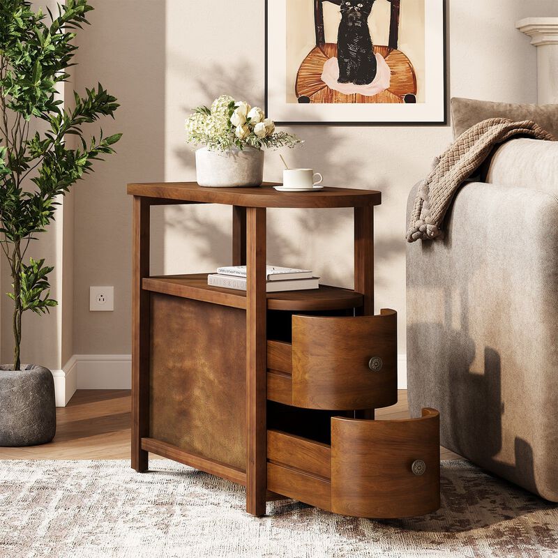 Slim Solid Wood Side Table with 2 Drawers and Open Shelf, End Table image number 1