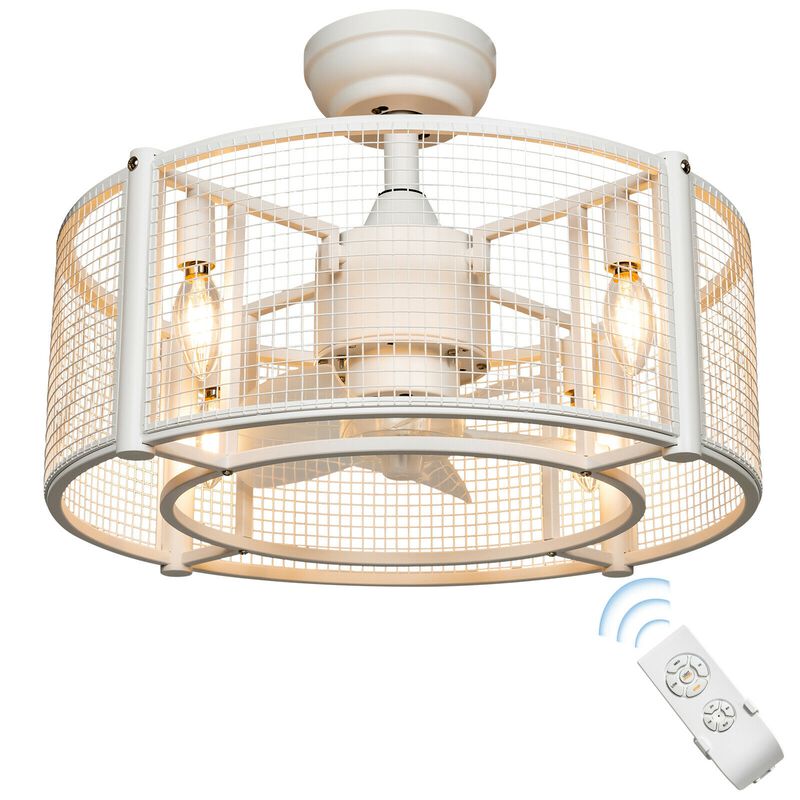 Caged Bladeless Ceiling Fan with Light, Remote Control, and Reversible Motor