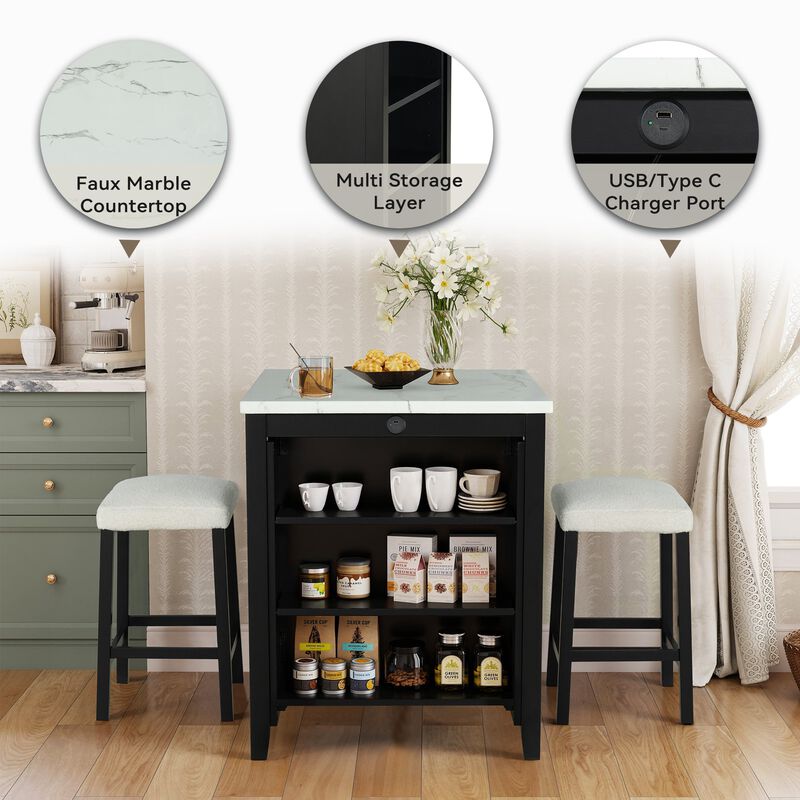 3-Piece Bar Table and Chairs Set Lvory Tall Dining Table with USB and Upholstered Bar Stool for Living Room Kitchen image number 3
