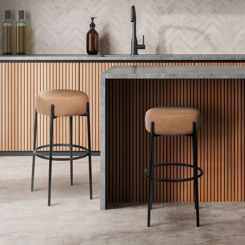 Paola Modern Minimalist Round Backless Metal/Bouclé Cushioned Bar Stool