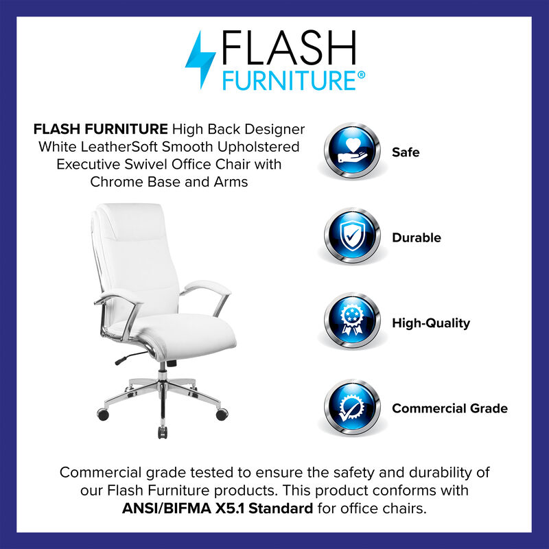 Rebecca High Back Designer White LeatherSoft Smooth Upholstered Executive Swivel Office Chair with Chrome Base and Arms image number 6