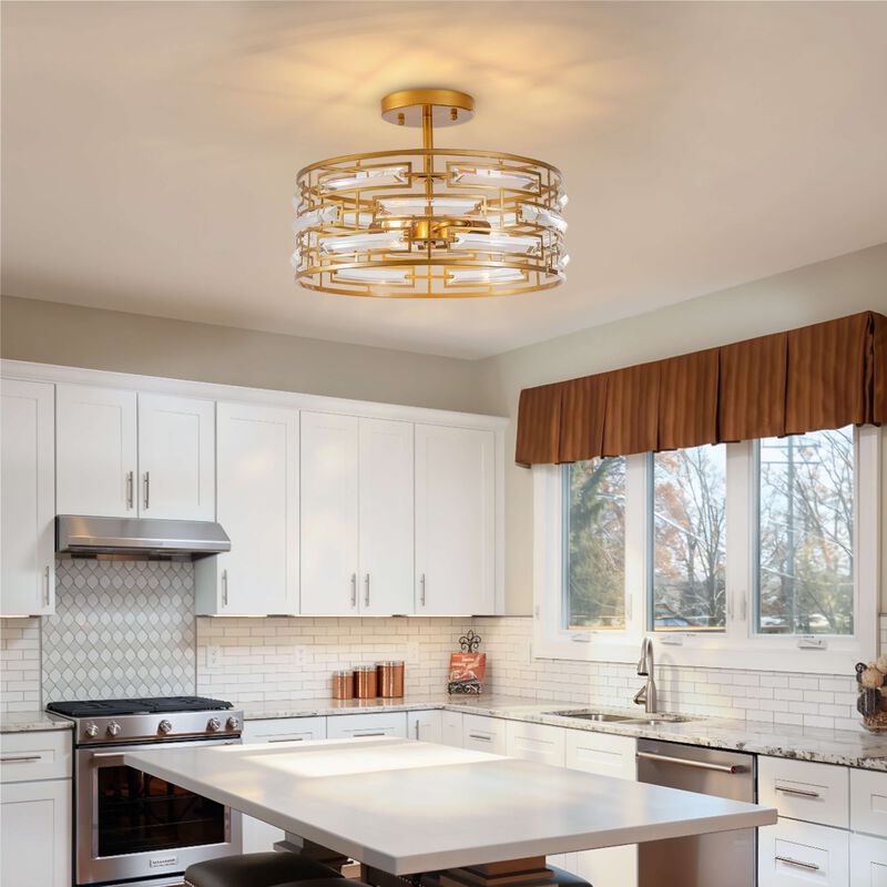 Ariel 3-Light Drum Shade Clear Glass Prism Flush Mount - Medium‑gloss Brushed Brass Finish image number 4