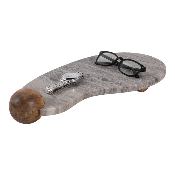 17x8" Curvy Marble Tray On Wood Ball Feet, Beige/b