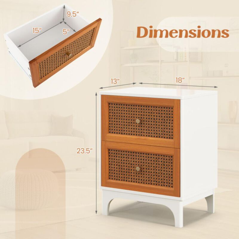 Hivvago Boho Accent Table Nightstand with 2 Handwoven Rattan Decorated Drawers