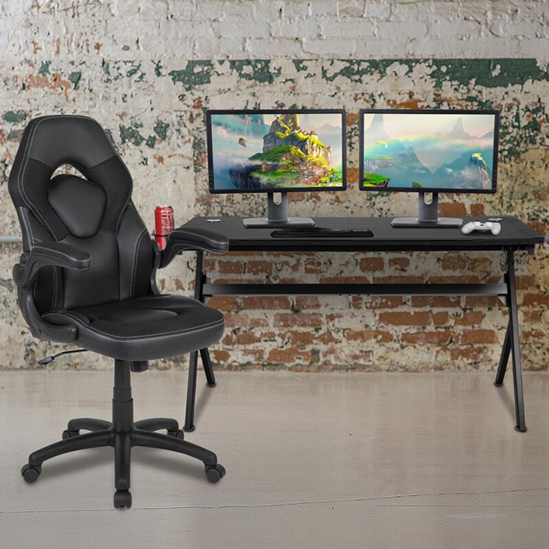 Flash Furniture Gaming Desk and Black Racing Chair Set/Cup Holder/Headphone Hook/Removable Mouse Pad Top - 2 Wire Management Holes