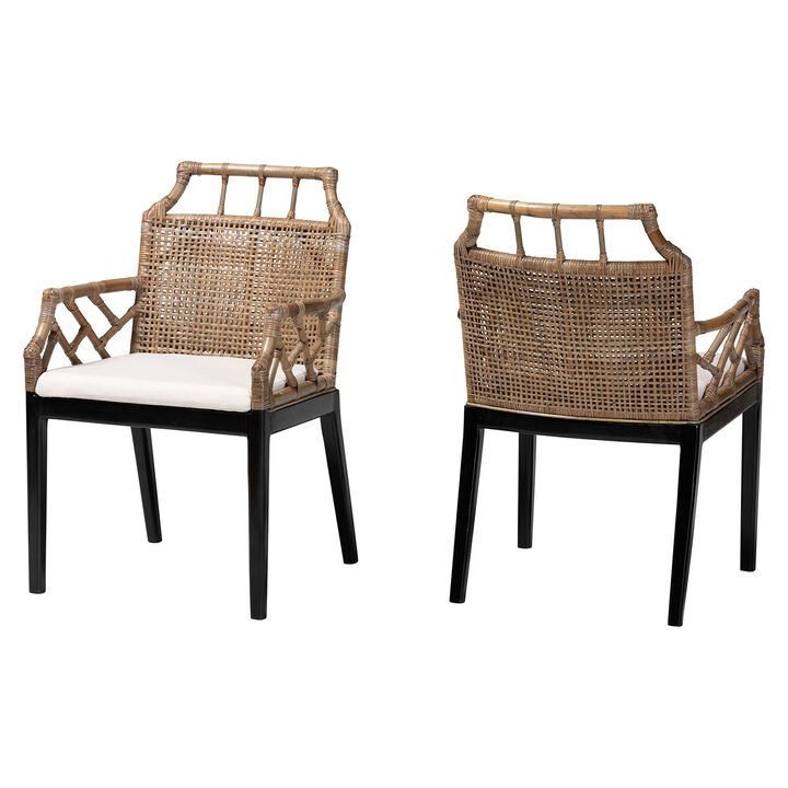 bali & pari Abiel Natural Rattan 2-Piece Dining Armchair Set with Cushion &ndash; Handwoven Wicker Chair with Mahogany Wood Frame, Coastal Boho Seating for Dining Room or Kitchen