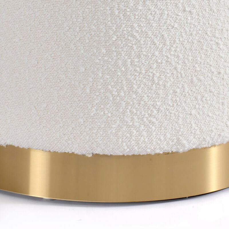 Glamour Home White Boucle Fabric Round Footstool Ottoman Golden Accent Base Large Size