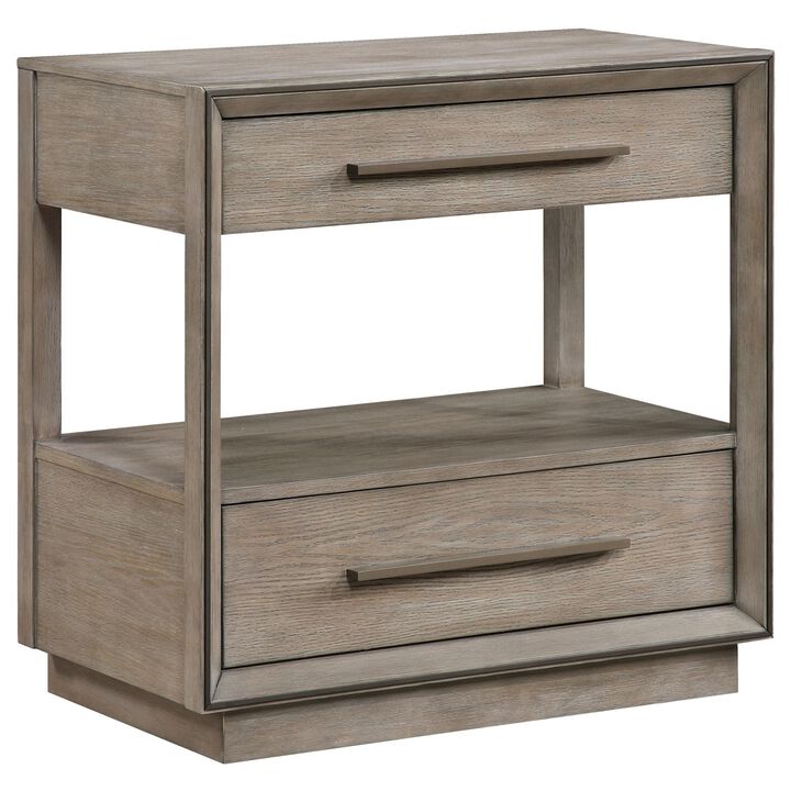 Lyni Nightstand, 2 Storage Drawers, Open Shelf, Washed Oak Brown - Benzara