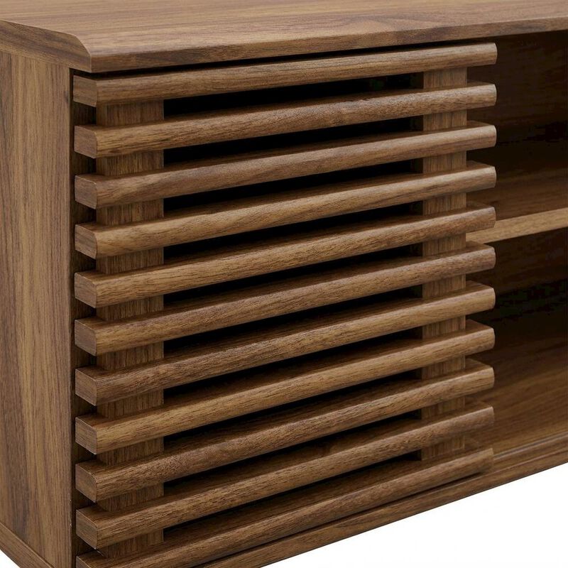 Wooden brown wall-mount TV console with sleek design and sturdy build image number 5
