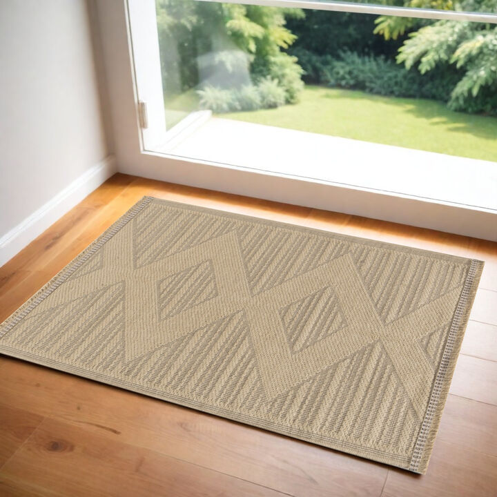 HomeRoots Geometric Flatweave Non Skid Area Rug With Fringe
