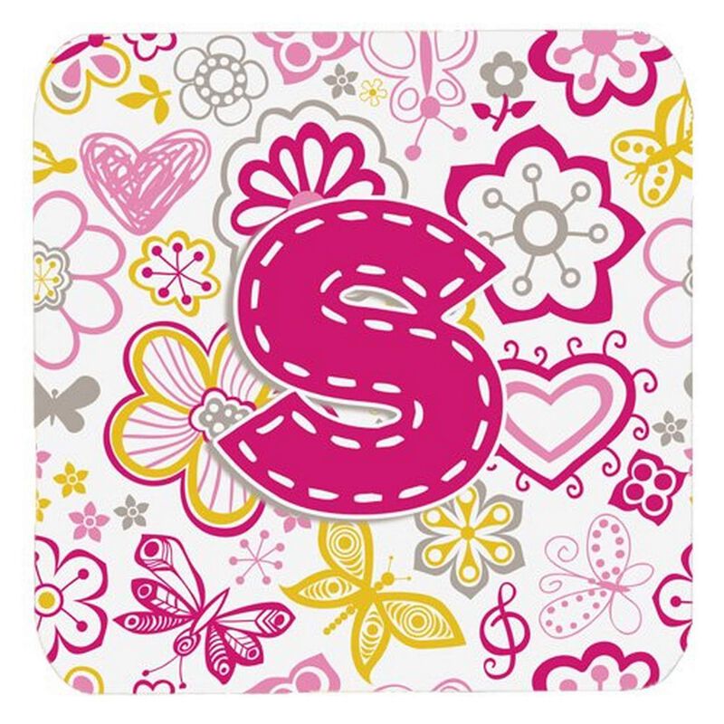 Caroline's Treasures CJ2005-SFC Letter S Flowers and Butterflies Pink Foam Coasters (Set of 4), 3.5, Multicolor