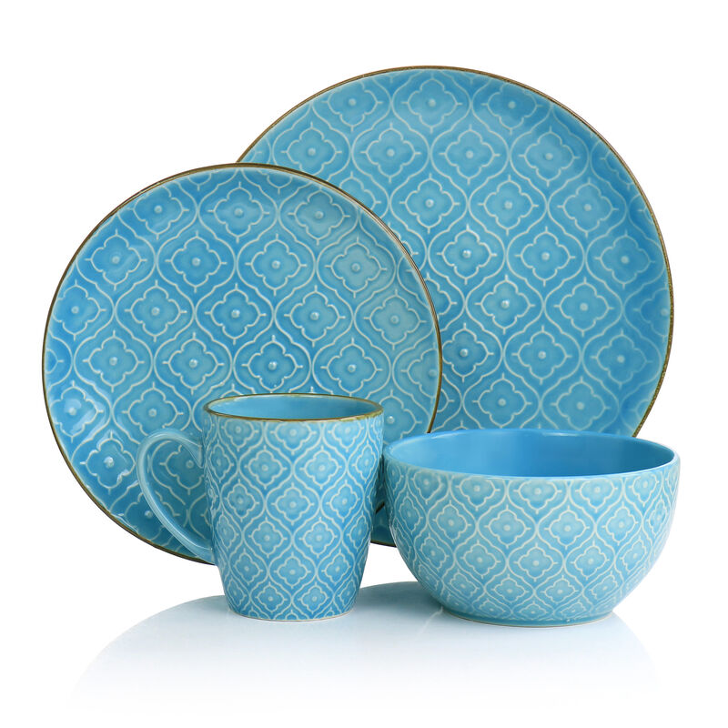 Elama Aqualite 16 Piece Embossed Stoneware Dinnerware Set in Teal