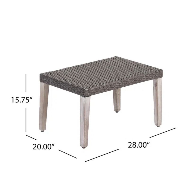 Bops Outdoor Ottoman, Gray Faux Rattan Wicker, 28 Inch Acacia Wood - Benzara