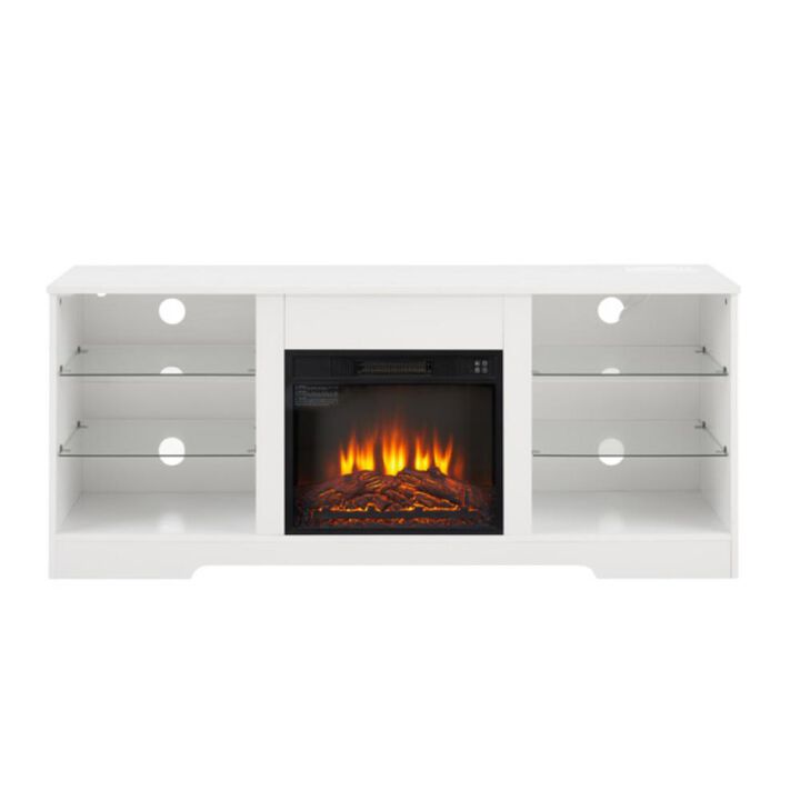 TV Stand with Electric Fireplace and Glass Shelves &ndash; Cozy Entertainment Center with Modern Storage