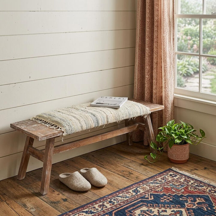 HomeRoots 50" White and Brown Cotton Upholstered Striped Bench