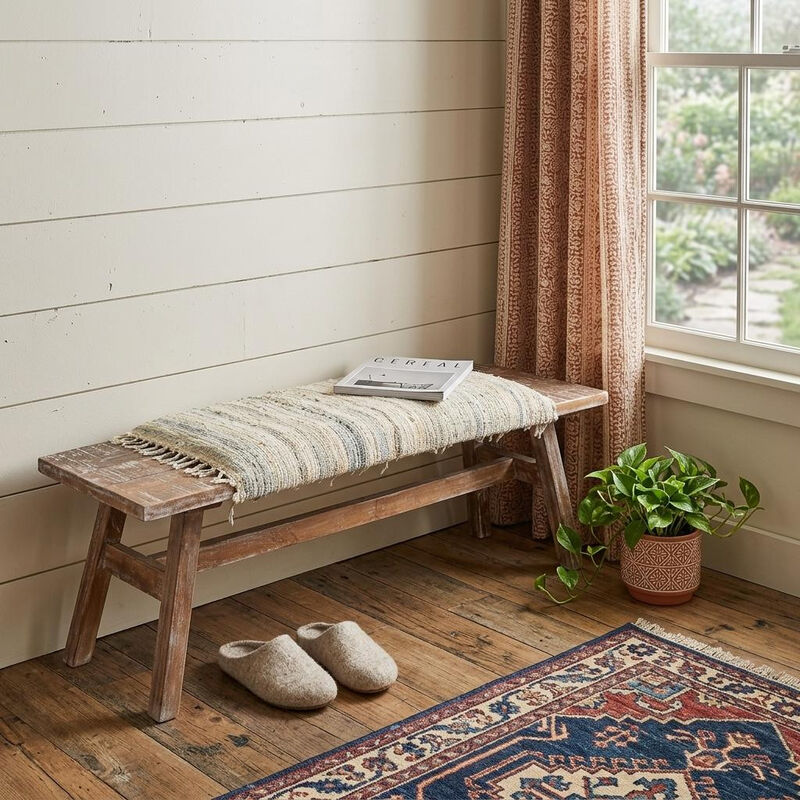 HomeRoots 50" White and Brown Cotton Upholstered Striped Bench image number 1