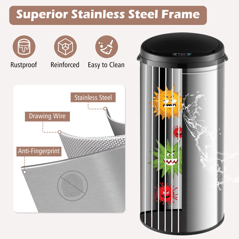 8 Gal Automatic Trash Can with Stainless Steel Frame Touchless Waste Bin-Silver