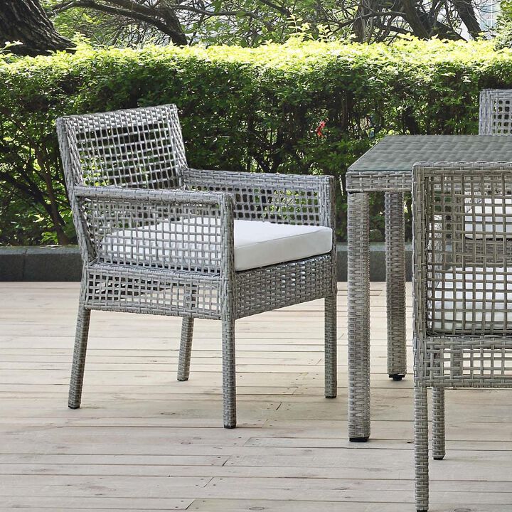 Modway Aura Wicker Rattan Outdoor Patio Dining Arm Chair with Cushion in Gray White