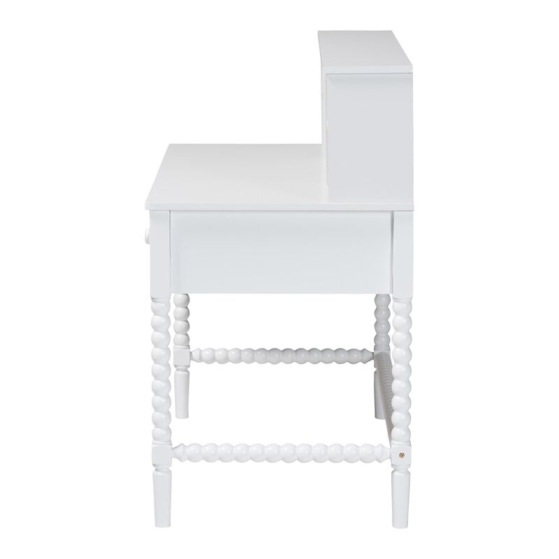 Baxton Studio Archwood Writing Desk with Hutch - 3-Drawer Wood Desk with Bobbin Design for Home Office or Bedroom Workspace, White image number 4