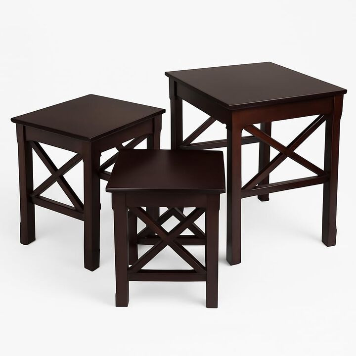 Ergode Xola 3-Pc Nesting Table Set - Solid Wood, Cappuccino Finish, 'X' Cross Design, Space-Saving, Multi-Functional Accent & End Tables - Large: 21.1" W x 17.3" D x 22.1" H, Easy Assembly