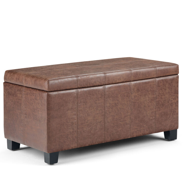 Dover 36 inch Wide Contemporary Rectangle Storage Ottoman Bench in Distressed Umber Brown Vegan Faux Leather, Assembled