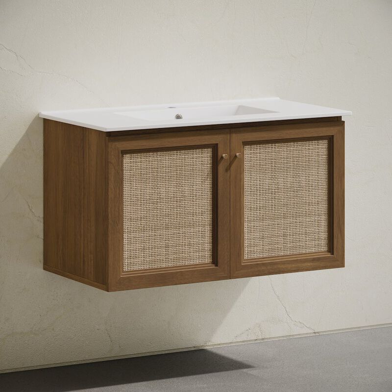 36" Wall-Mounted Bathroom Vanity in Brown Oak with Single Faucet Hole Vanity Top image number 2