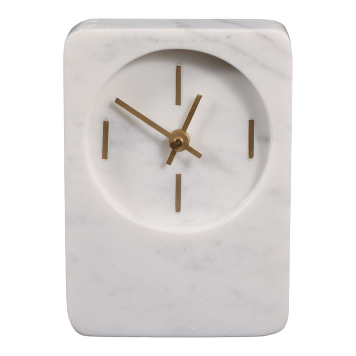 7x4" Marble Clock With Brass Details, White