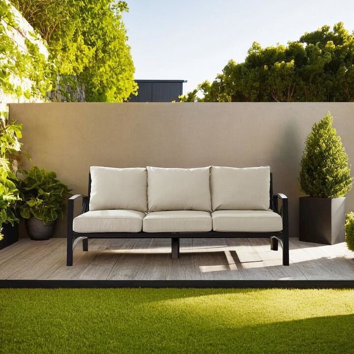 FurniFact Stylish Outdoor Metal Sofa in Oatmeal and Oil Rubbed Bronze Finish