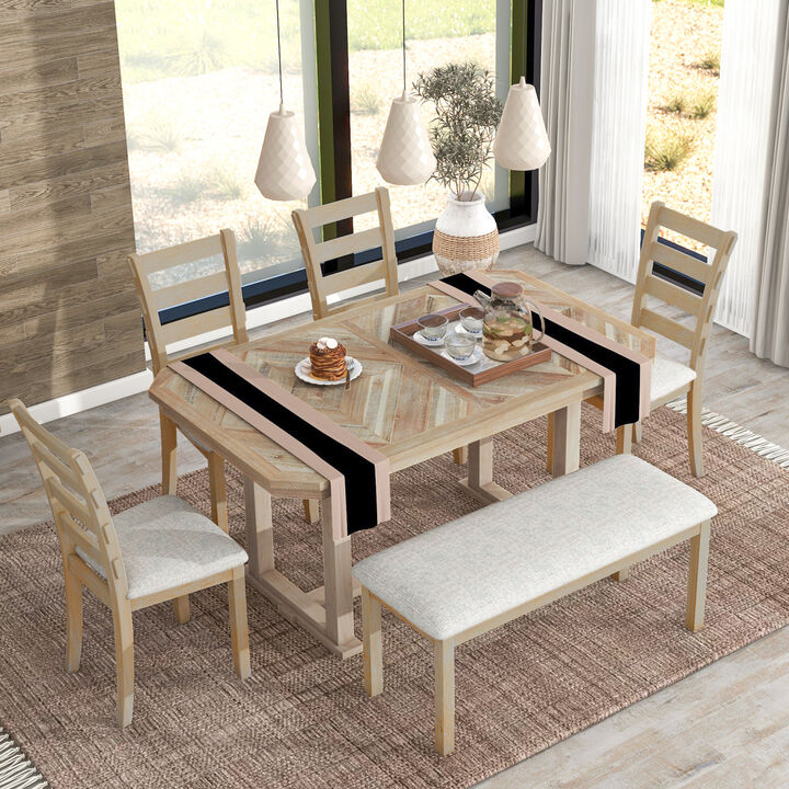 6-Piece Rubber Wood Dining Table Set with Beautiful Wood Grain Pattern Table Top Solid Wood Veneer and Soft Cushion