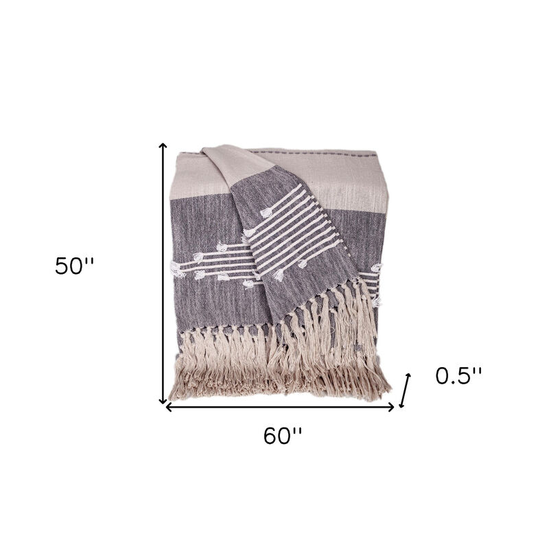 HomeRoots 50" X 60" Ivory and Gray Woven Cotton Striped Throw Blanket with Fringe and Embroidery image number 4
