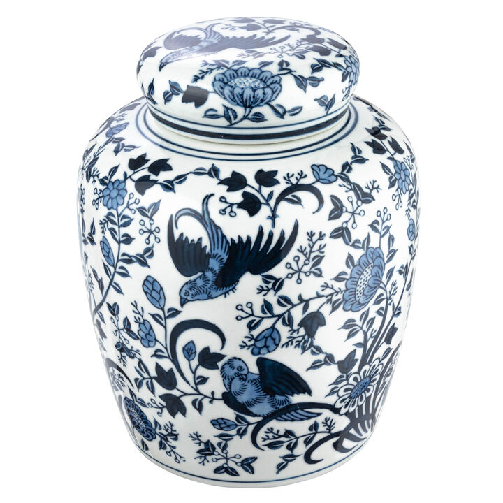 Decorative Bird Ceramic Ginger Jar with Lid, Blue and White