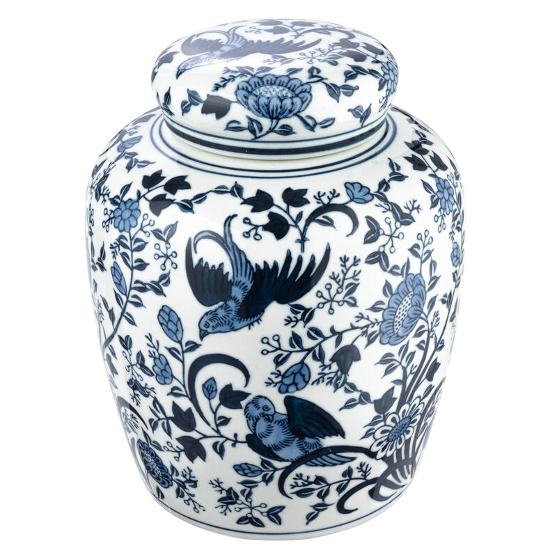 Decorative Bird Ceramic Ginger Jar with Lid, Blue and White image number 0