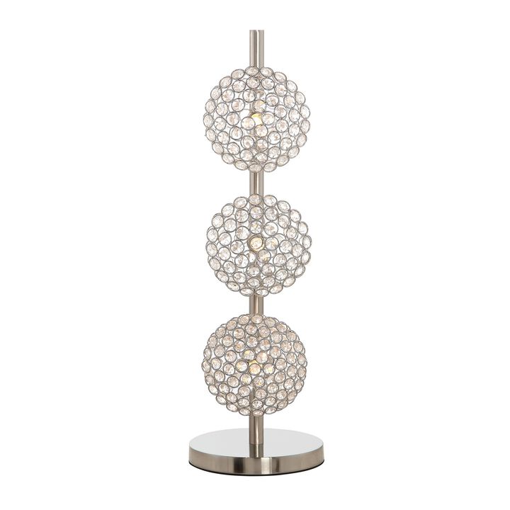 26 Inch Table Lamp with 3 Crystal Rounds Shades, Sand Chrome Finished Metal-Benzara