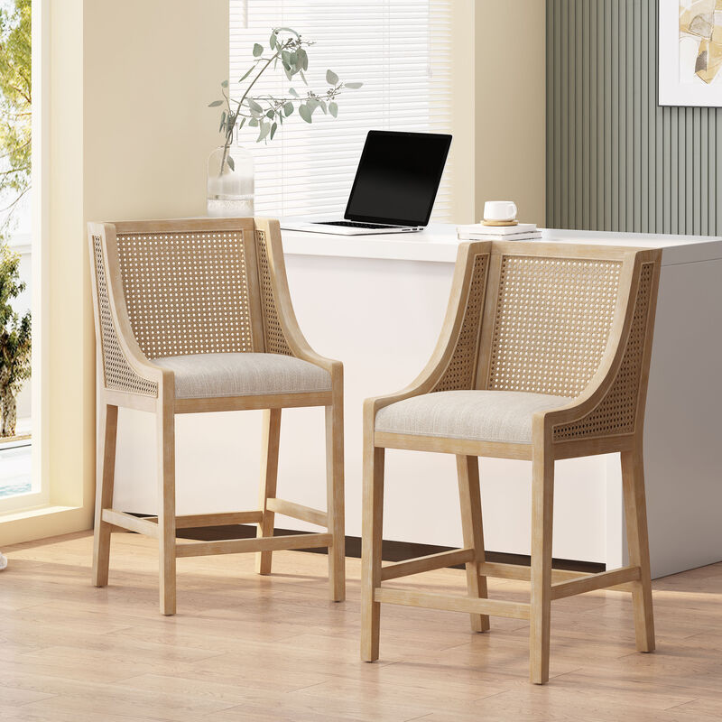 Merax  French Country Fabric Upholstered Wood and Cane 25.5 inch Counter Stools (Set of 2) image number 1