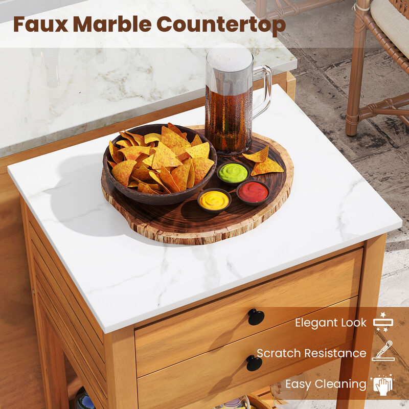 Patio Bar Table Storage Cabinet with Acacia Wood Frame and Faux Marble Top-Natural image number 6