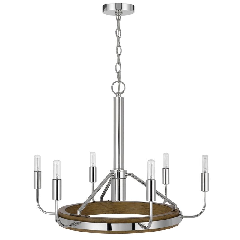 6-Light Candelabra Chandelier with LED, Chrome and Oak Wood, 26 Inch image number 3