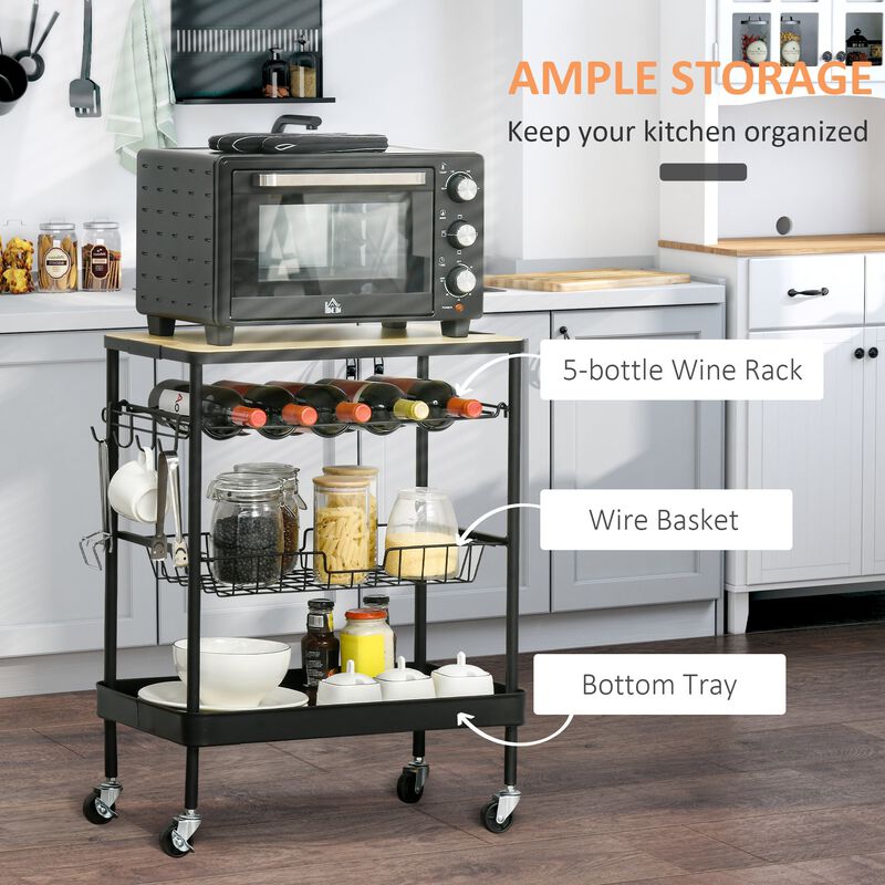 Rolling Kitchen Cart, 3-Tier Utility Storage Trolley with Wine Rack, Mesh Drawer & Side Hooks for Dining Room