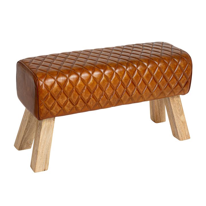 Stitched Leather and Wood Bench, Camel and Natural