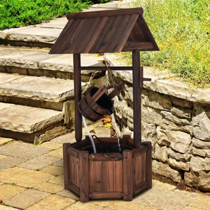 Hivvago Garden Rustic Wishing Well Wooden Water Fountain with Pump