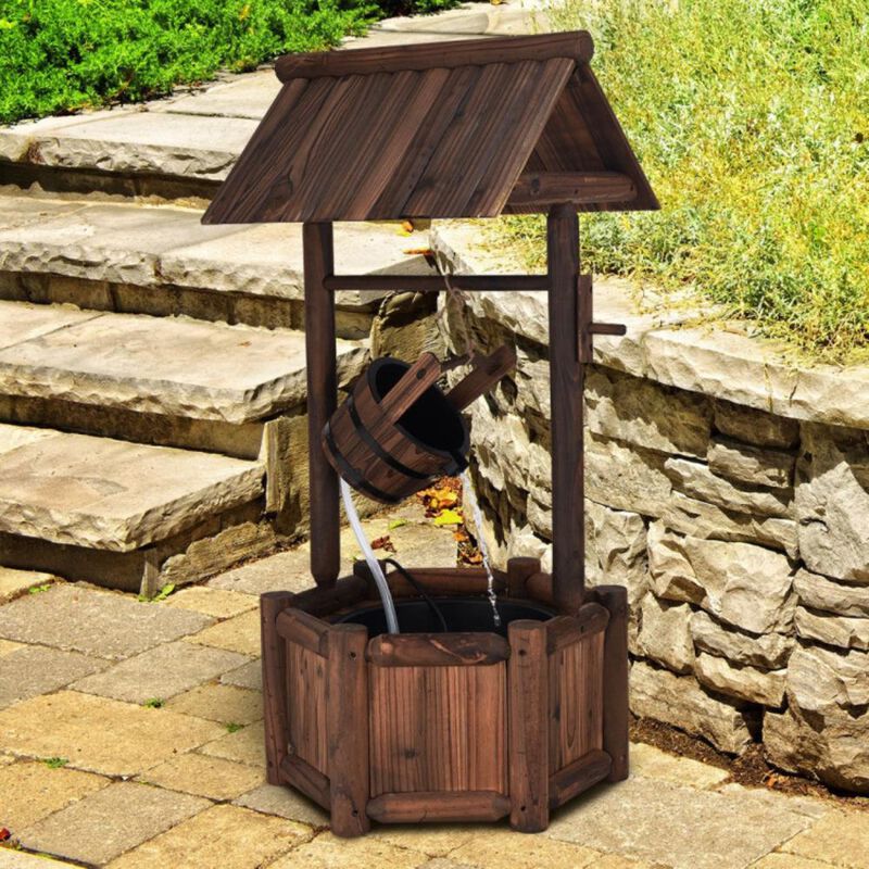 Hivvago Garden Rustic Wishing Well Wooden Water Fountain with Pump