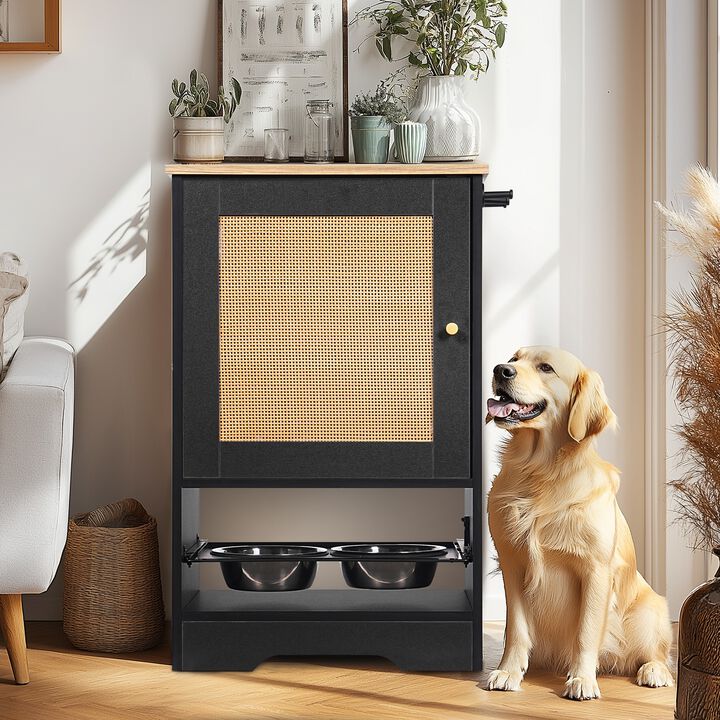 Feeding Station with 1 Storage Cabinets, Pet Feeding Station with 2 Elevated Dog Bowls, Side Hooks