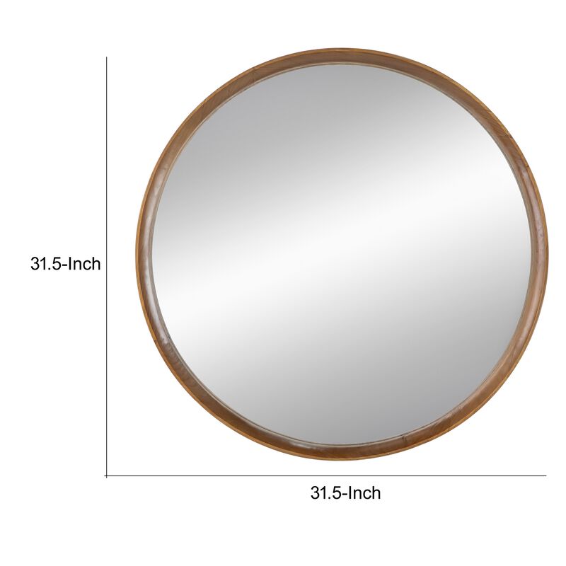 Roe 32 Inch Wall Mounted Round Mirror, Modern Brown Pine Wood Frame - Benzara