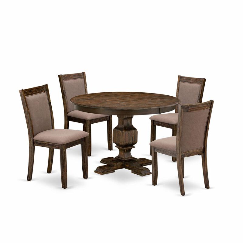East West Furniture 5-Pc Dining Set - Kitchen Pedestal Table and 4 Coffee Color Parson Padded Chairs with High Back - Distressed Jacobean Finish