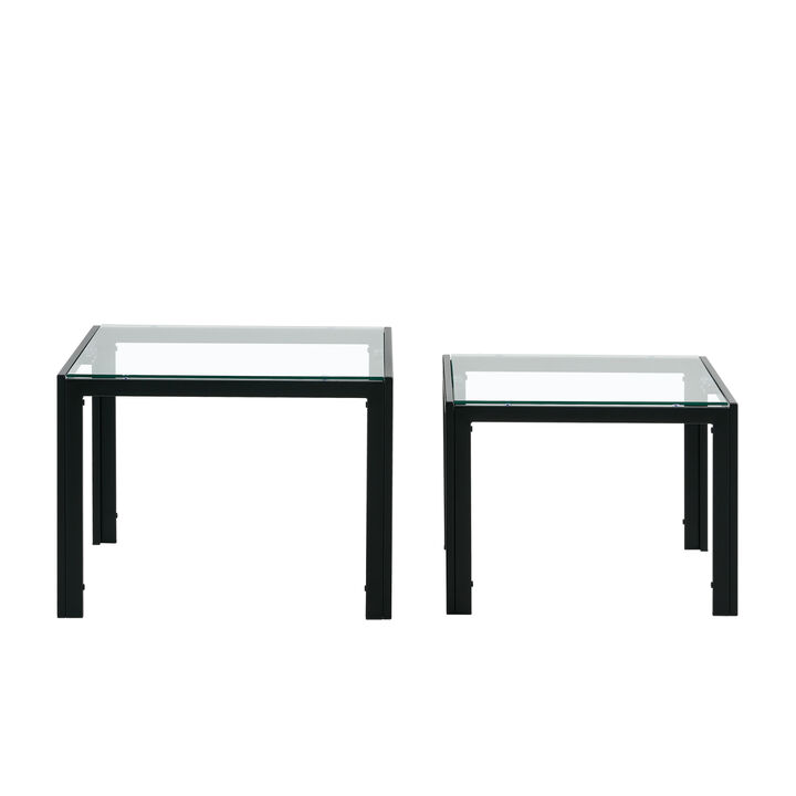 Nesting Coffee Table Set of 2, Square Modern Stacking Table with Tempered Glass Finish for Living Room,Transparent
