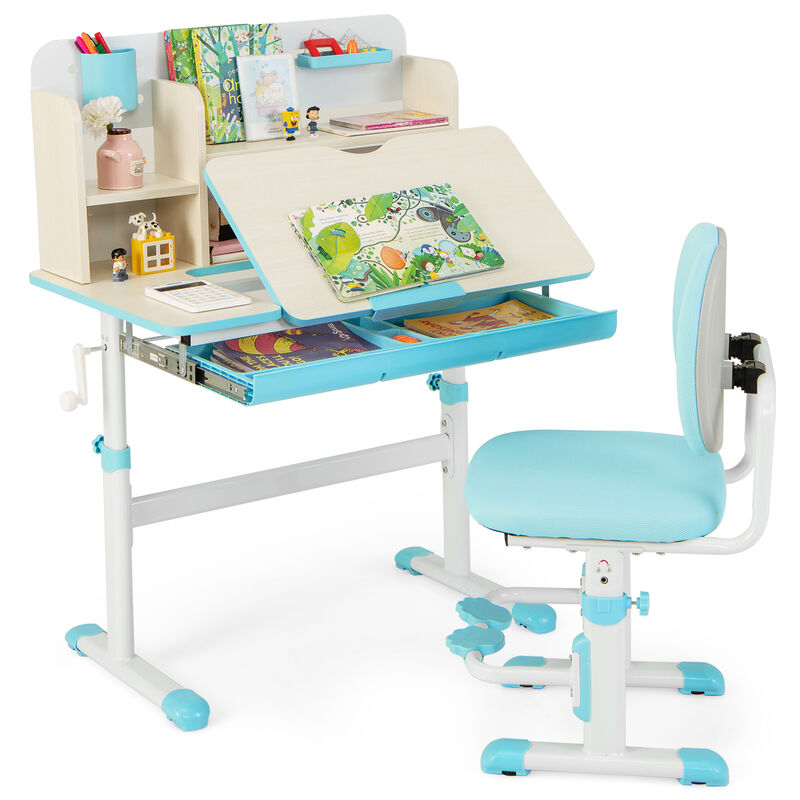 Height Adjustable Children School Home Study Table and Chair Set with Tilted Desktop for 3-12 Years Old