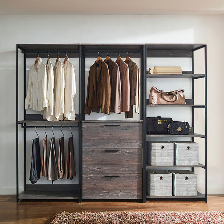 Monica 96 in. W Rustic Gray Freestanding 3 Tower System 7 -Shelf Walk in Wood Closet System with Metal Frame
