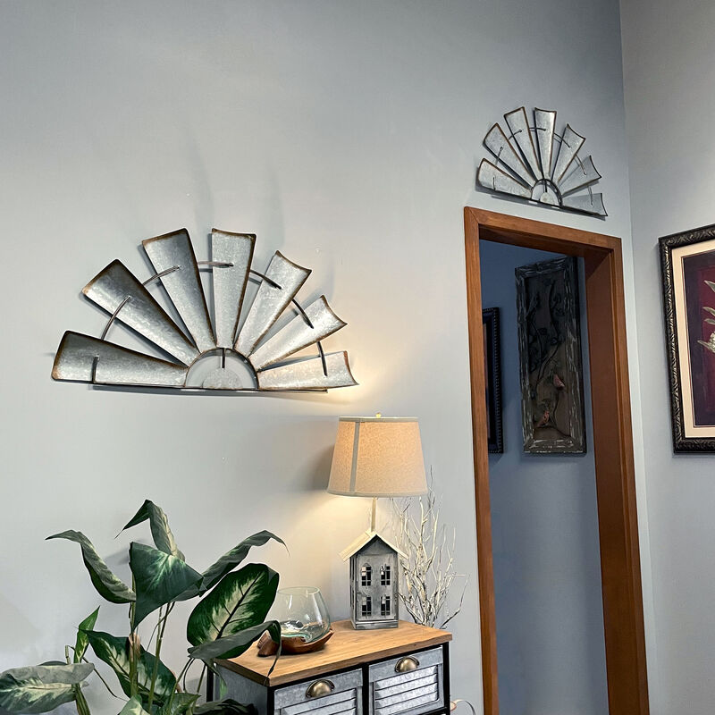 Distressed Rustic Galvanized Metal Half Moon Windmill Wall Art Sculpture image number 1