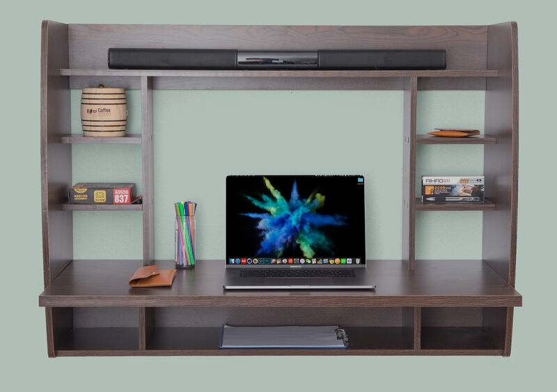 Wall Mount Laptop Office Desk with Shelves, Brown